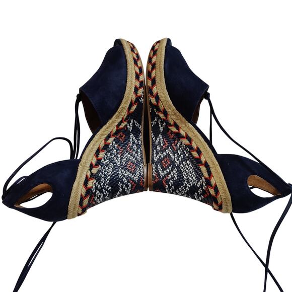 Cabi Women's Sz 8 Isla Navy Orange Espadrille Wedge Suede Sandals Ankle Wrap - Picture 6 of 10